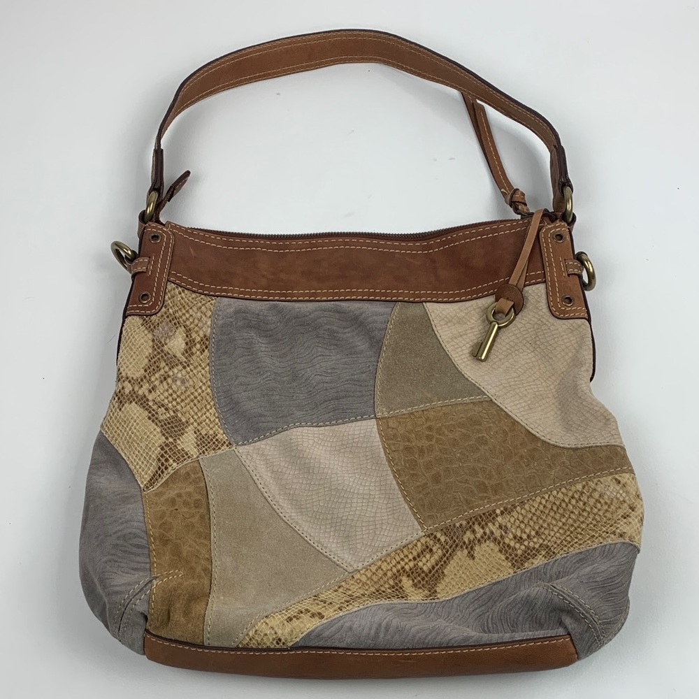 Fossil leather Suede Patchwork Shoulder Bag Brown Tan gray Gold Key Zip close